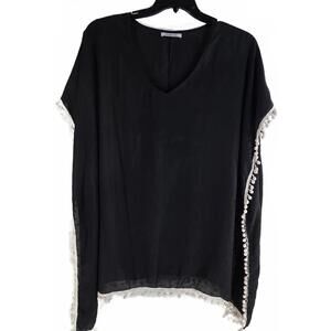 Adreamly Black Poncho with White Pom Pom Trim One Size